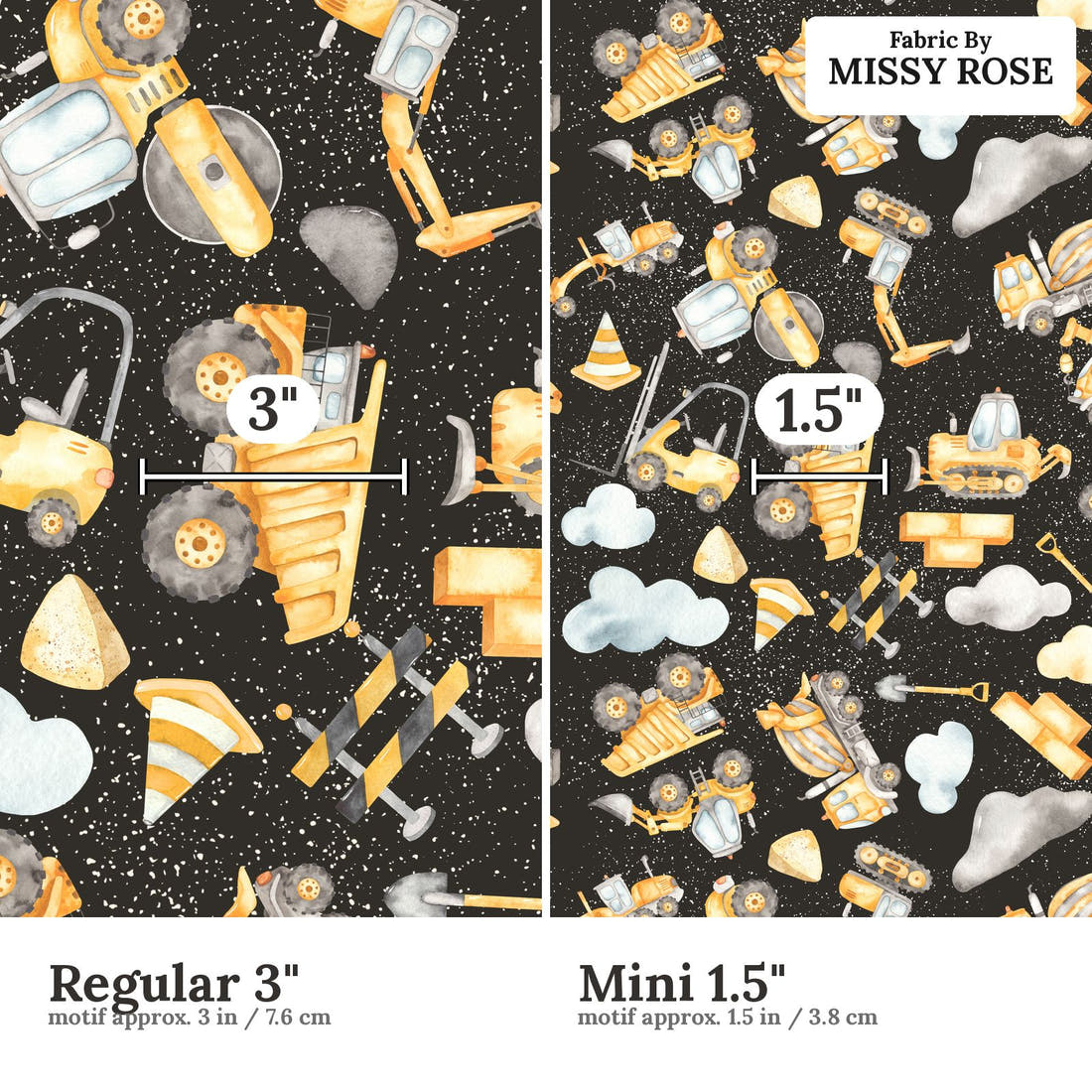 Design 192 Black Construction Fabric size comparison - print scale | Fabric by Missy Rose