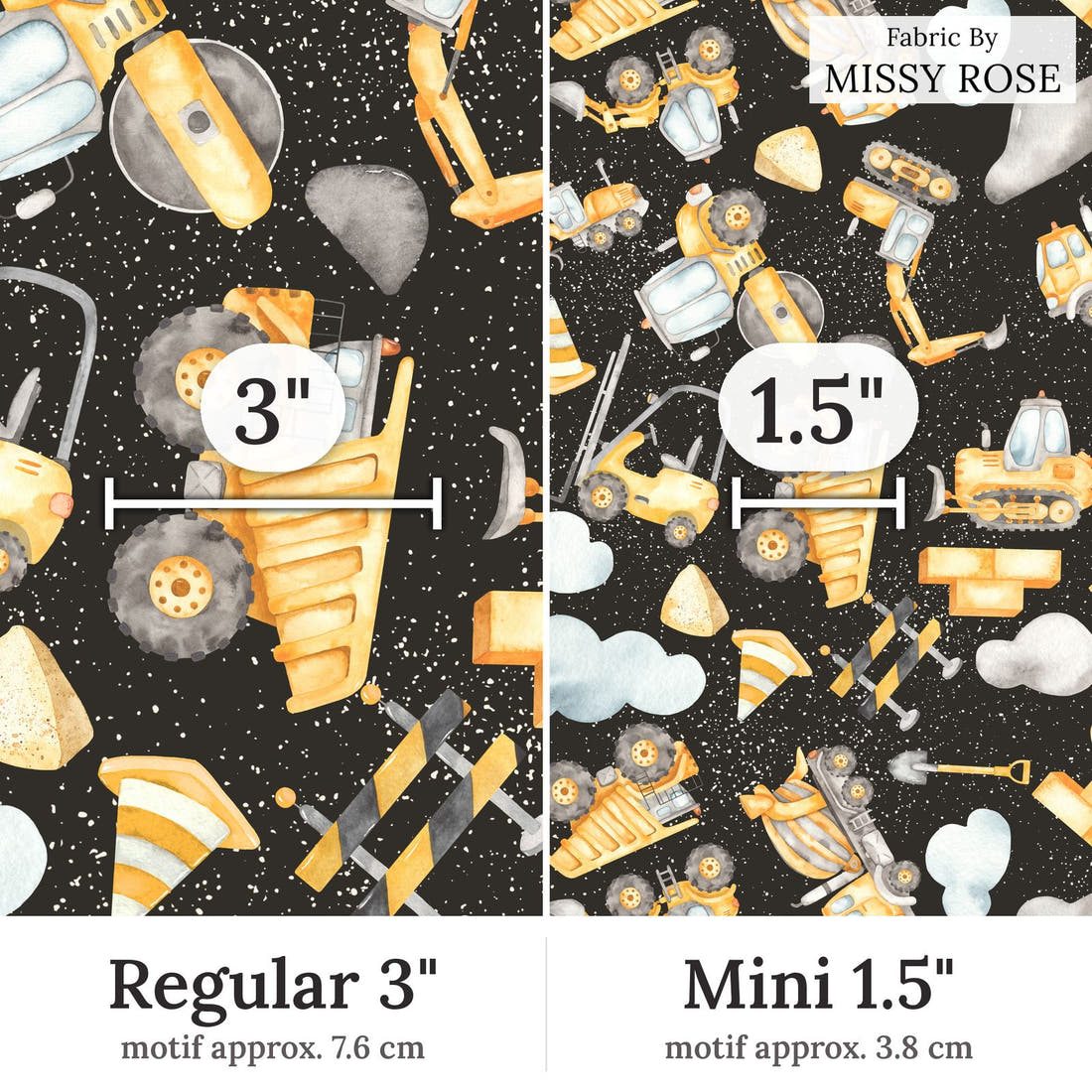 Design 192 Black Construction Fabric Regular 3 inch vs Mini 1.5 inch print scale side by side | Fabric by Missy Rose