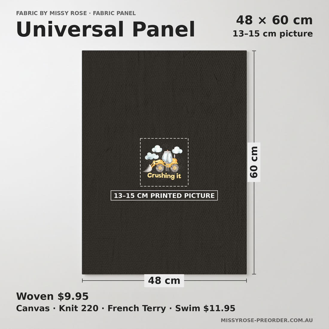 Design 192 Black Construction Panel universal panel sizing – 13–15 cm printed picture on 48 × 60 cm fabric | Fabric by Missy Rose