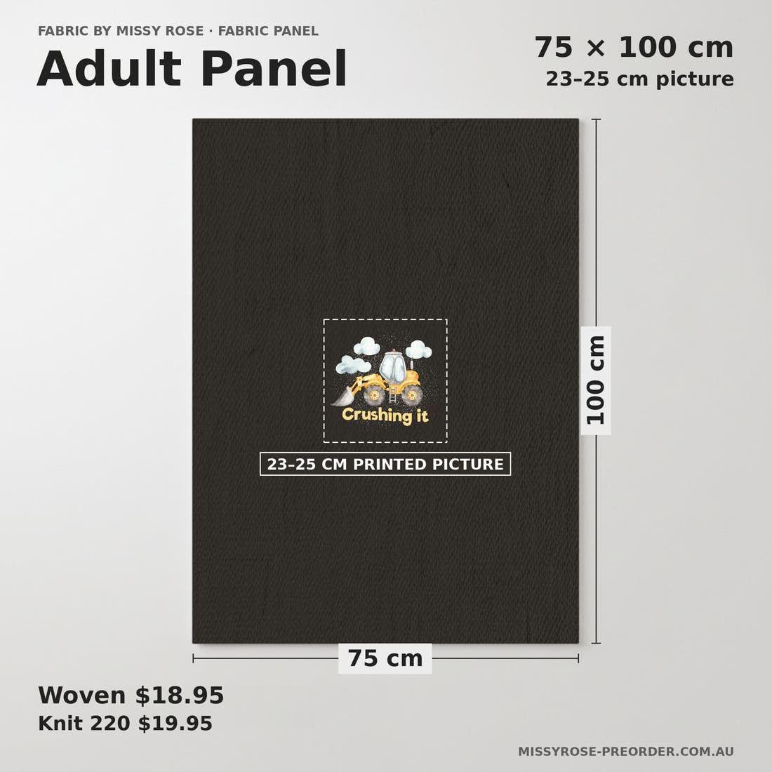 Design 192 Black Construction Panel adult panel sizing – 23–25 cm printed picture on 75 × 100 cm fabric | Fabric by Missy Rose