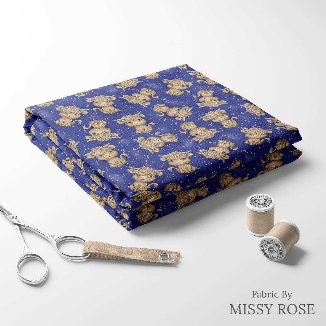 Design 193 Navy Highland Fabric folded fabric stack with matching thread – pre-order fabric Australia | Fabric by Missy Rose