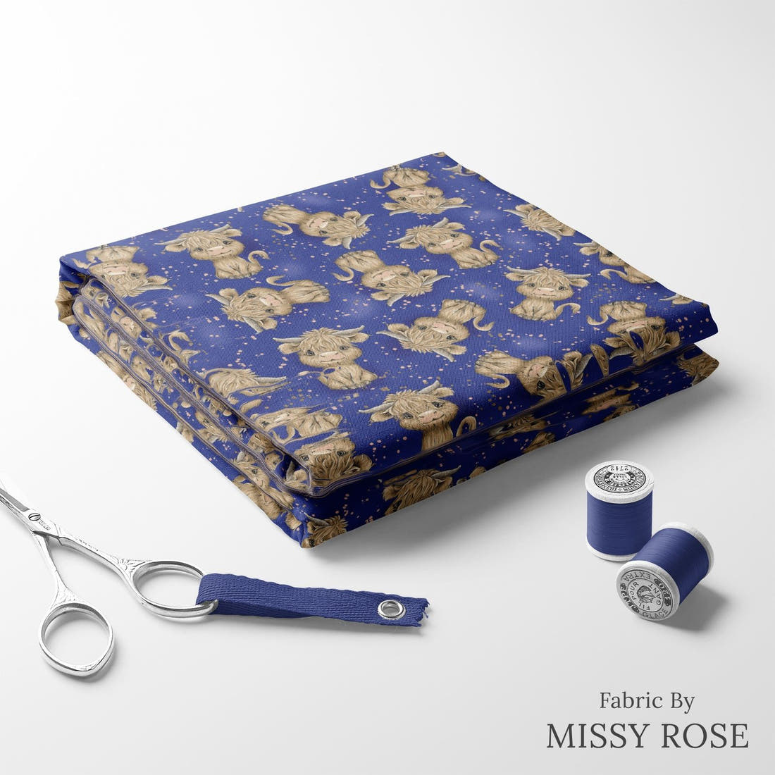 Design 193 Navy Highland Fabric folded fabric stack with matching thread – pre-order fabric Australia | Fabric by Missy Rose