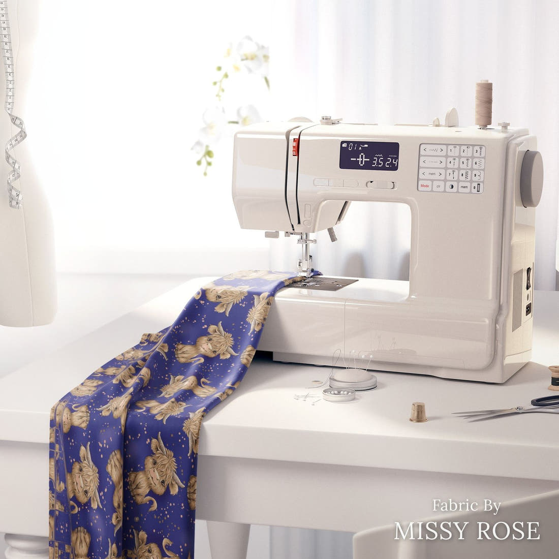 Design 193 Navy Highland Fabric on a sewing machine – premium fabric for sewing projects | Fabric by Missy Rose