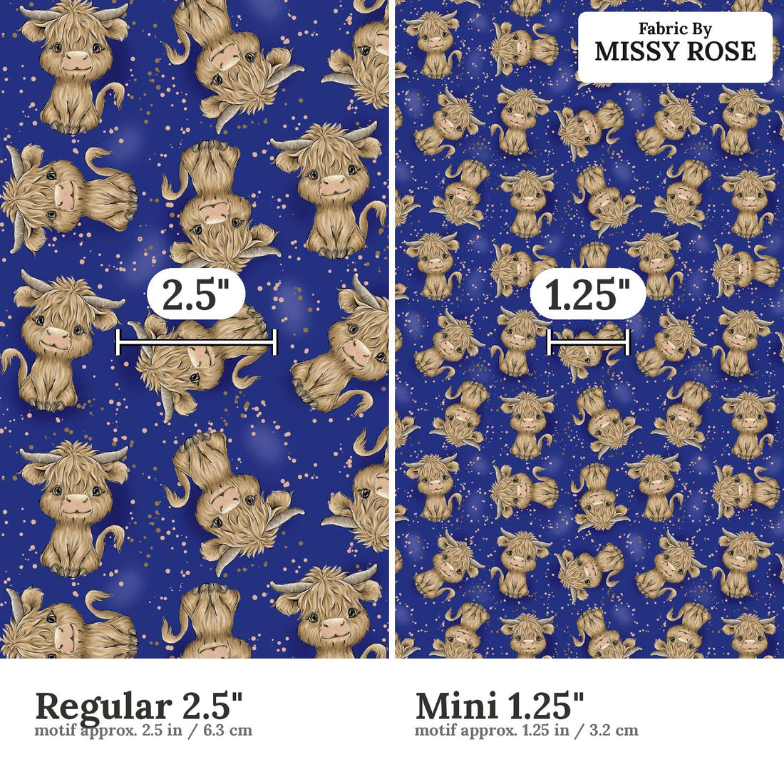 Design 193 Navy Highland Fabric size comparison - print scale | Fabric by Missy Rose