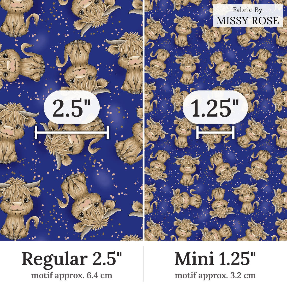 Design 193 Navy Highland Fabric Regular 2.5 inch vs Mini 1.25 inch print scale side by side | Fabric by Missy Rose