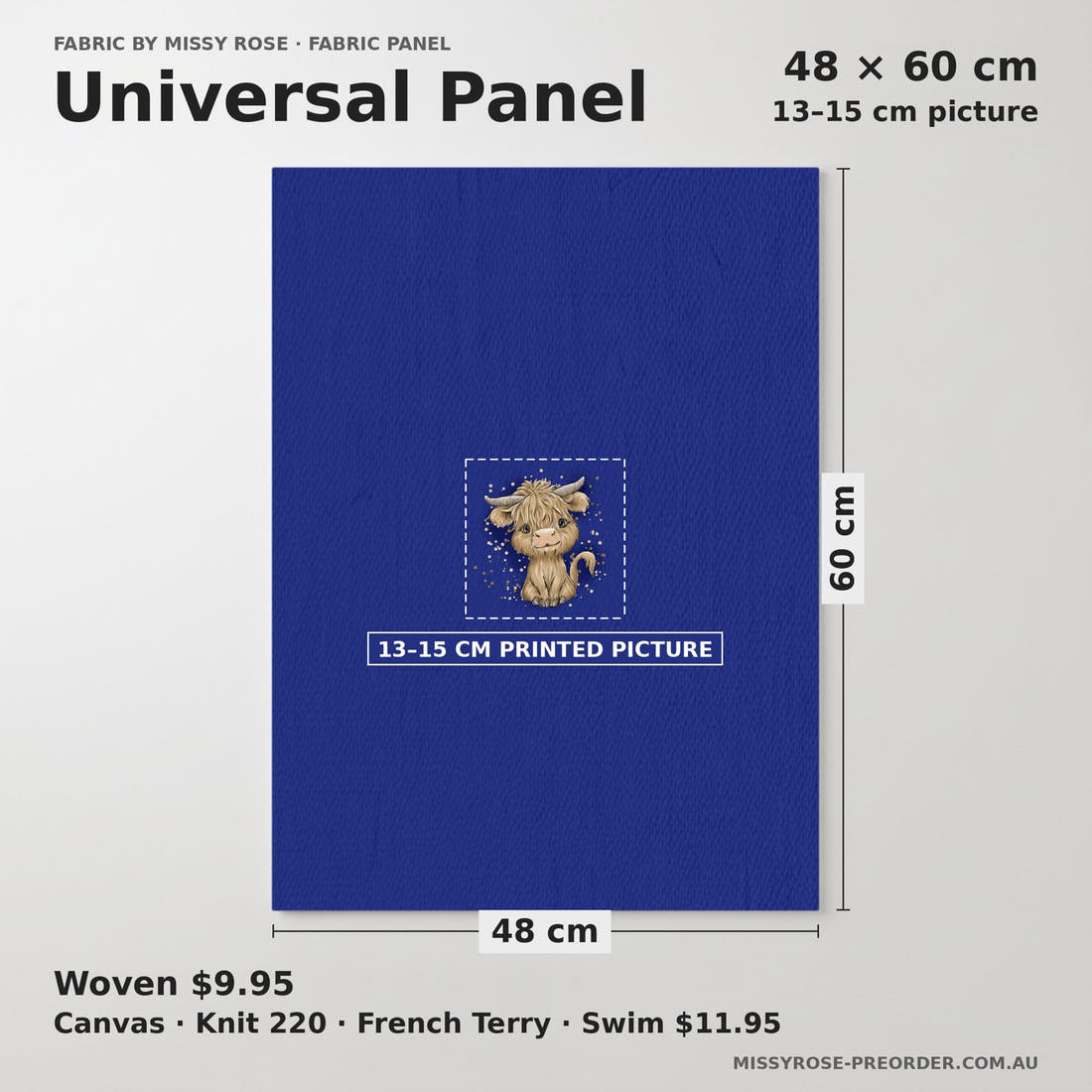 Design 193 Navy Highland Panel universal panel sizing – 13–15 cm printed picture on 48 × 60 cm fabric | Fabric by Missy Rose