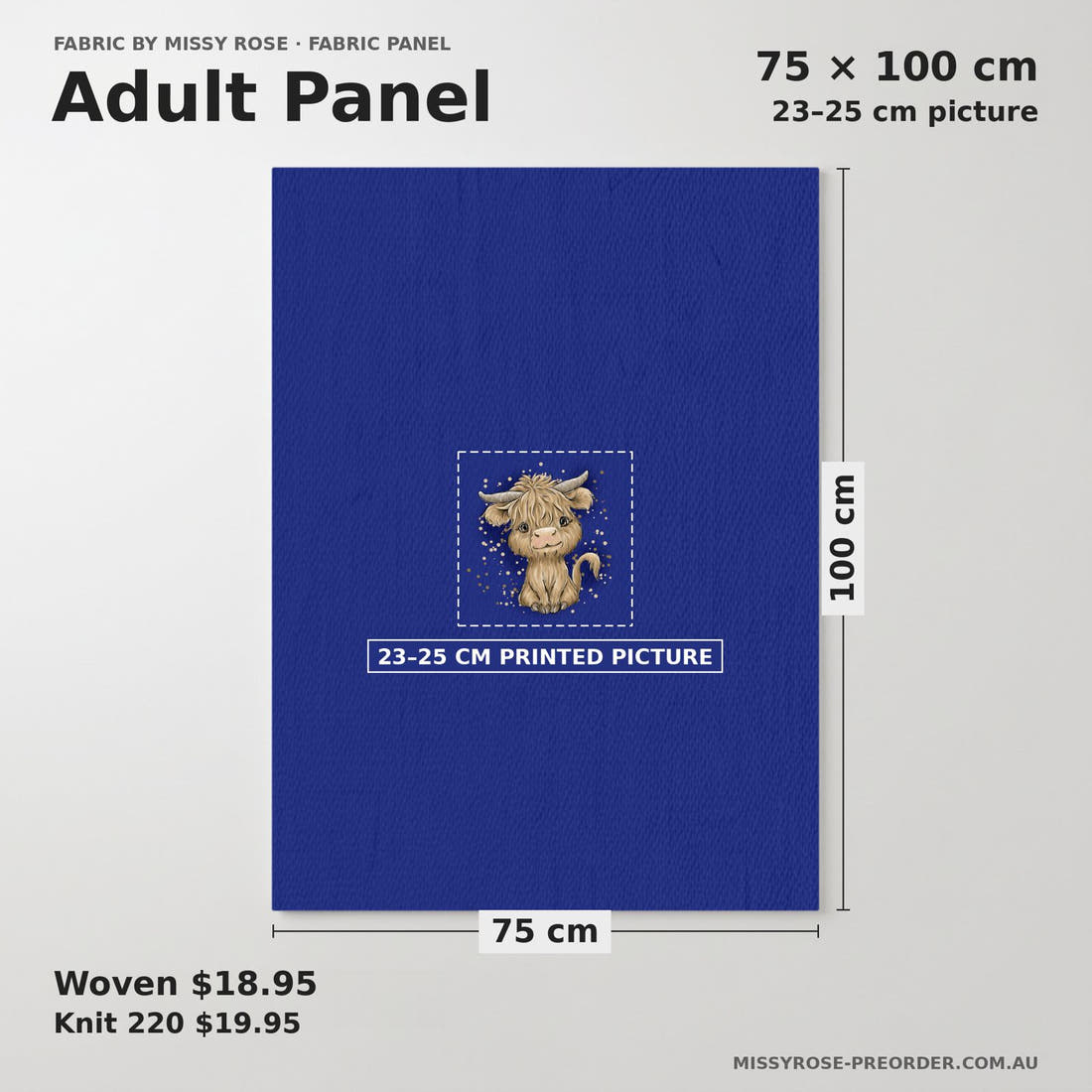 Design 193 Navy Highland Panel adult panel sizing – 23–25 cm printed picture on 75 × 100 cm fabric | Fabric by Missy Rose