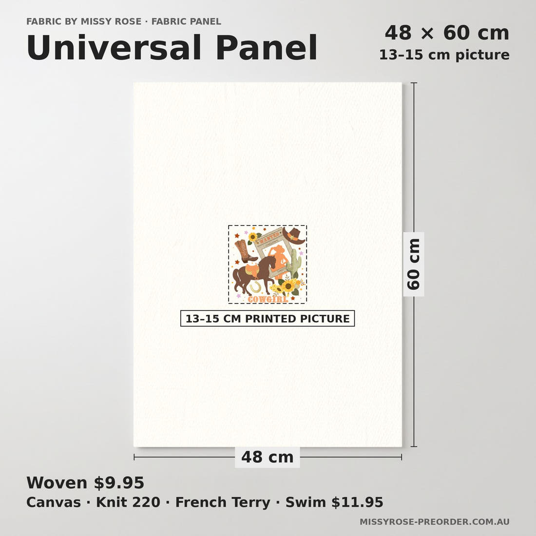 Design 194 White Cowgirl Panel universal panel sizing – 13–15 cm printed picture on 48 × 60 cm fabric | Fabric by Missy Rose