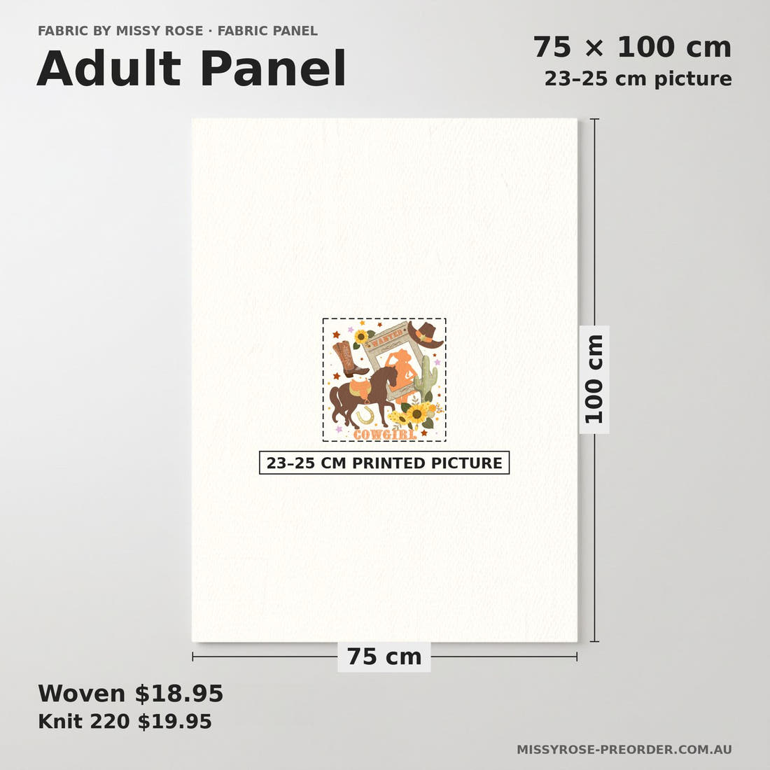 Design 194 White Cowgirl Panel adult panel sizing – 23–25 cm printed picture on 75 × 100 cm fabric | Fabric by Missy Rose