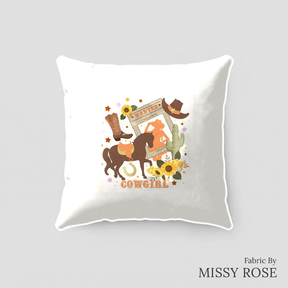 Design 194 White Cowgirl Panel sewn into a cushion – see how the panel looks made up | Fabric by Missy Rose