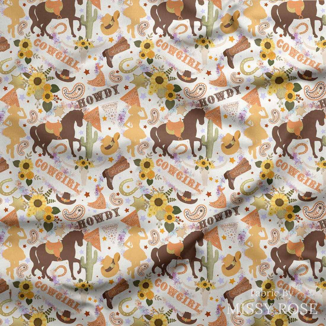 Design 194 White Cowgirl Fabric draped fabric mockup – custom printed fabric by the metre | Fabric by Missy Rose