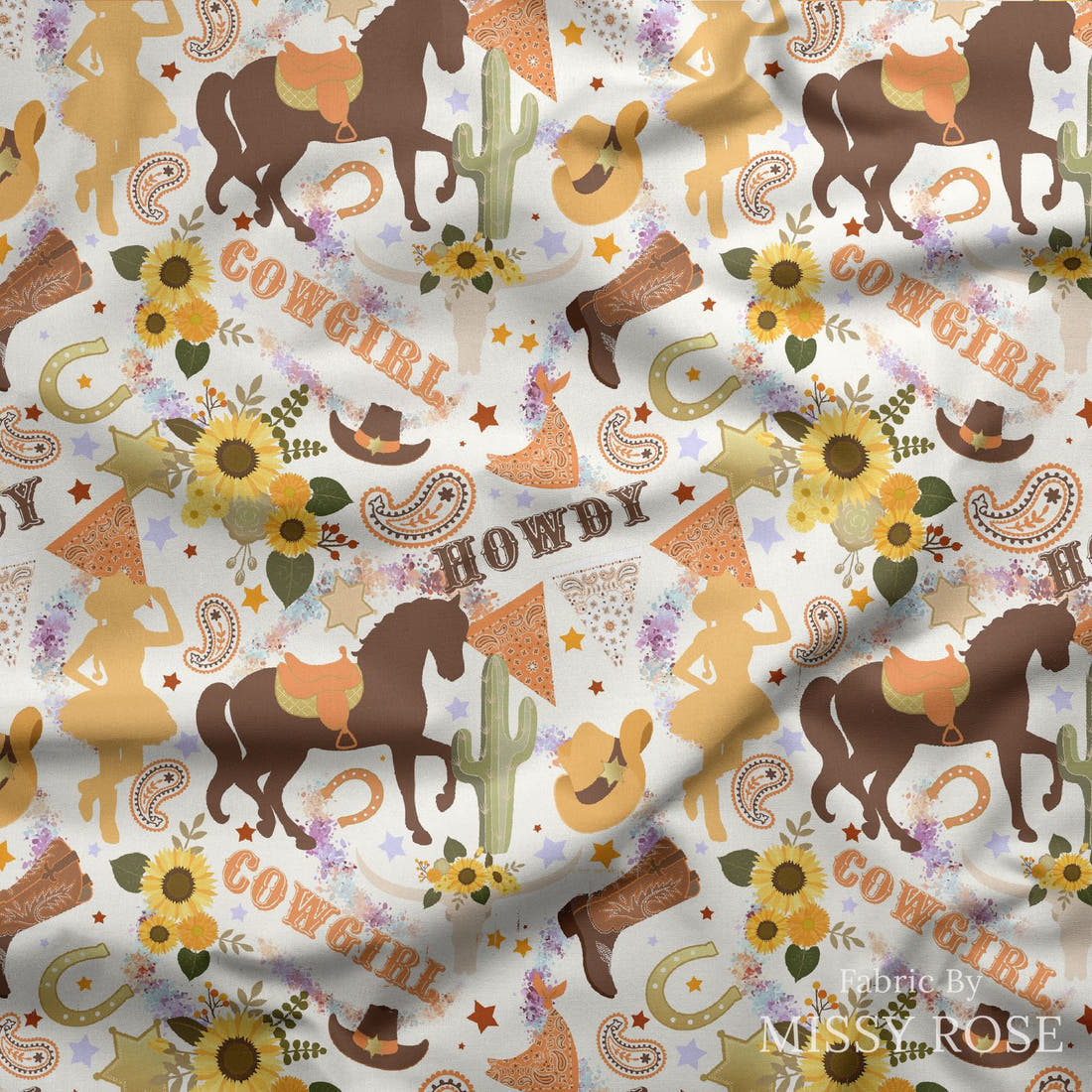Design 194 White Cowgirl Fabric draped fabric mockup – custom printed fabric by the metre | Fabric by Missy Rose