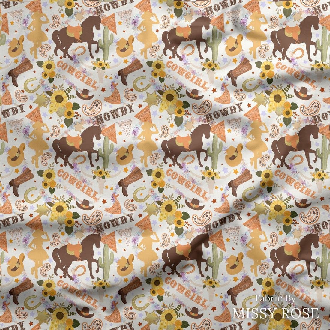 Design 194 White Cowgirl Fabric draped fabric mockup – custom printed fabric by the metre | Fabric by Missy Rose