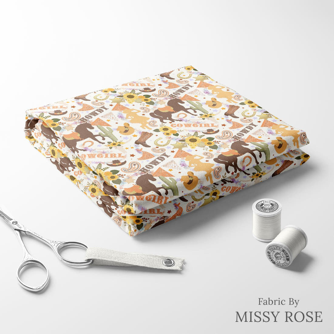 Design 194 White Cowgirl Fabric folded fabric stack with matching thread – pre-order fabric Australia | Fabric by Missy Rose