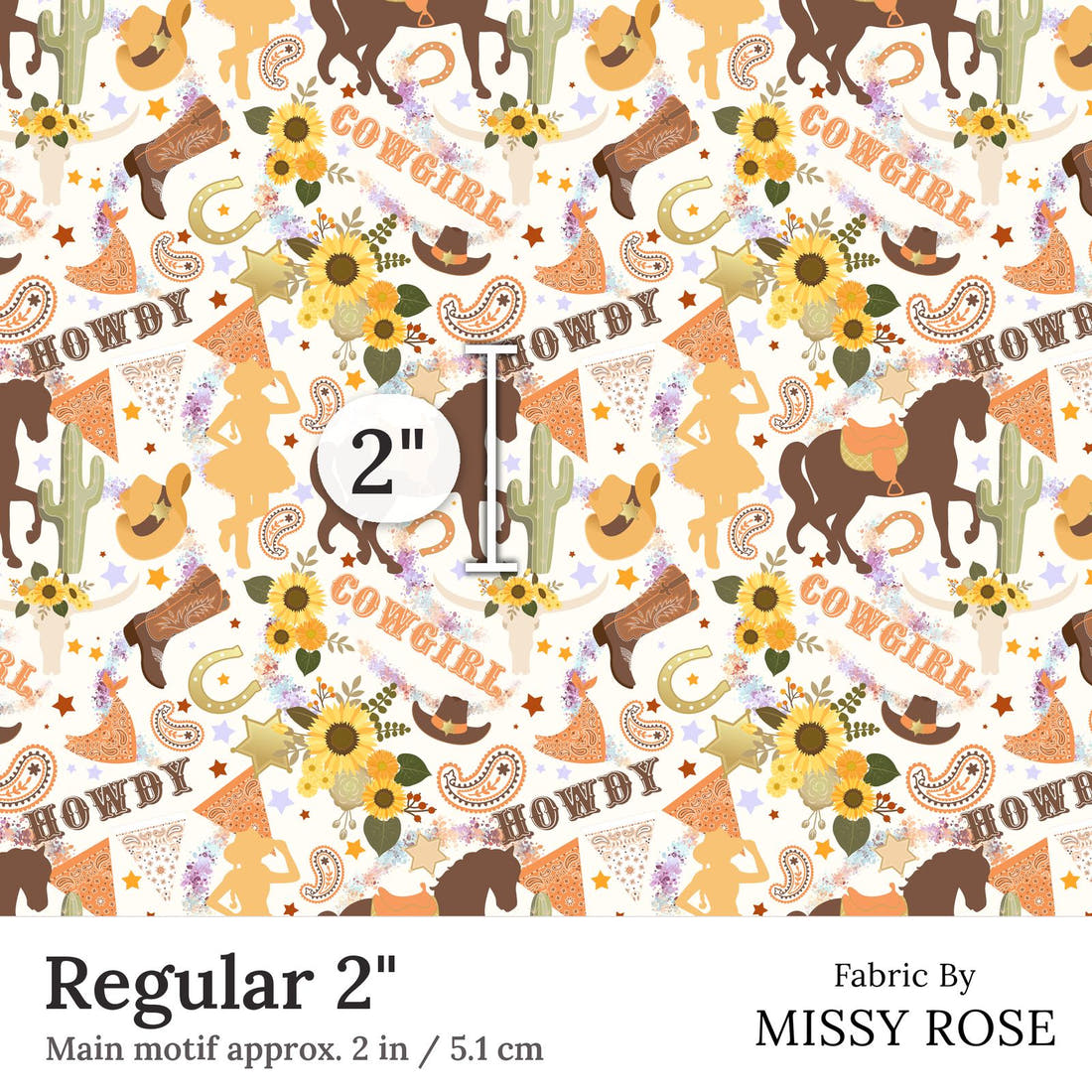 Design 194 White Cowgirl Fabric Regular 2 inch print scale guide | Fabric by Missy Rose