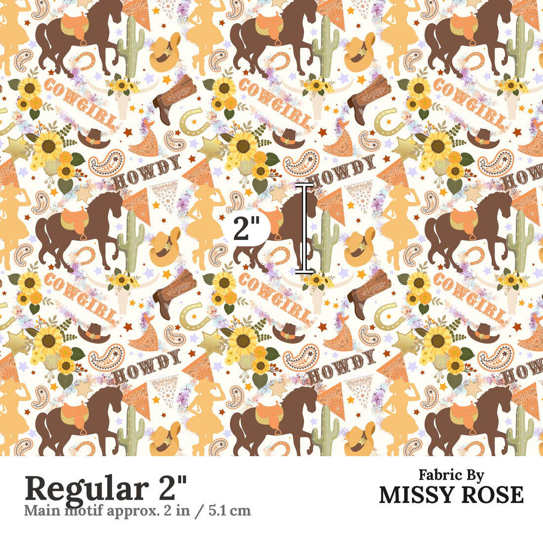 Design 194 White Cowgirl Fabric Regular 2" - print scale | Fabric by Missy Rose
