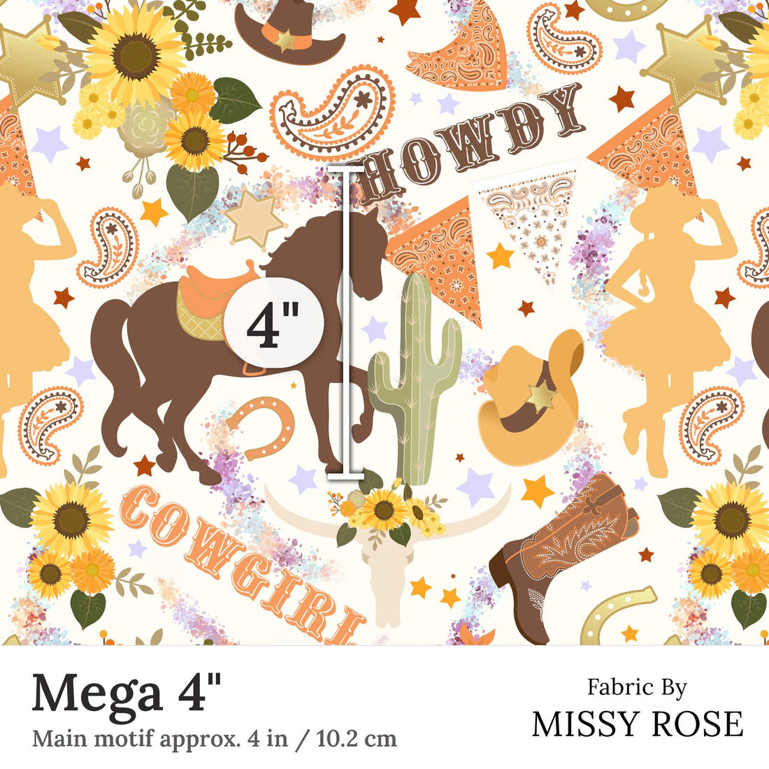 Design 194 White Cowgirl Fabric Mega 4 inch print scale guide | Fabric by Missy Rose