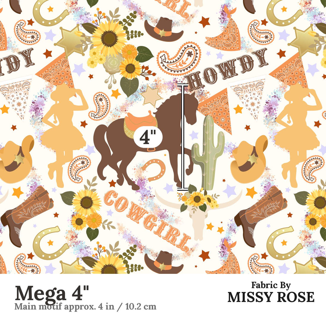 Design 194 White Cowgirl Fabric Mega 4" - print scale | Fabric by Missy Rose