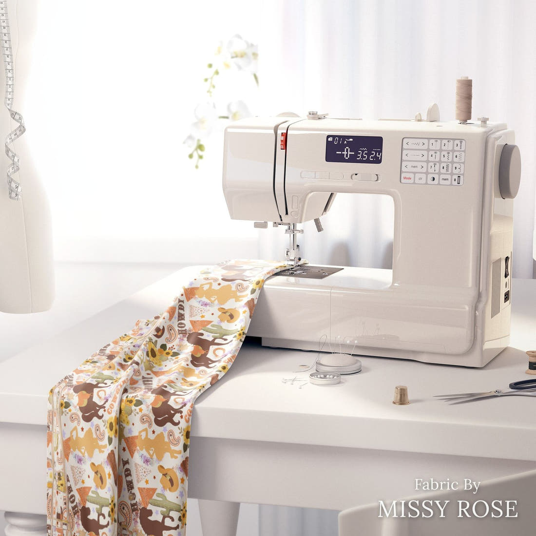 Design 194 White Cowgirl Fabric on a sewing machine – premium fabric for sewing projects | Fabric by Missy Rose
