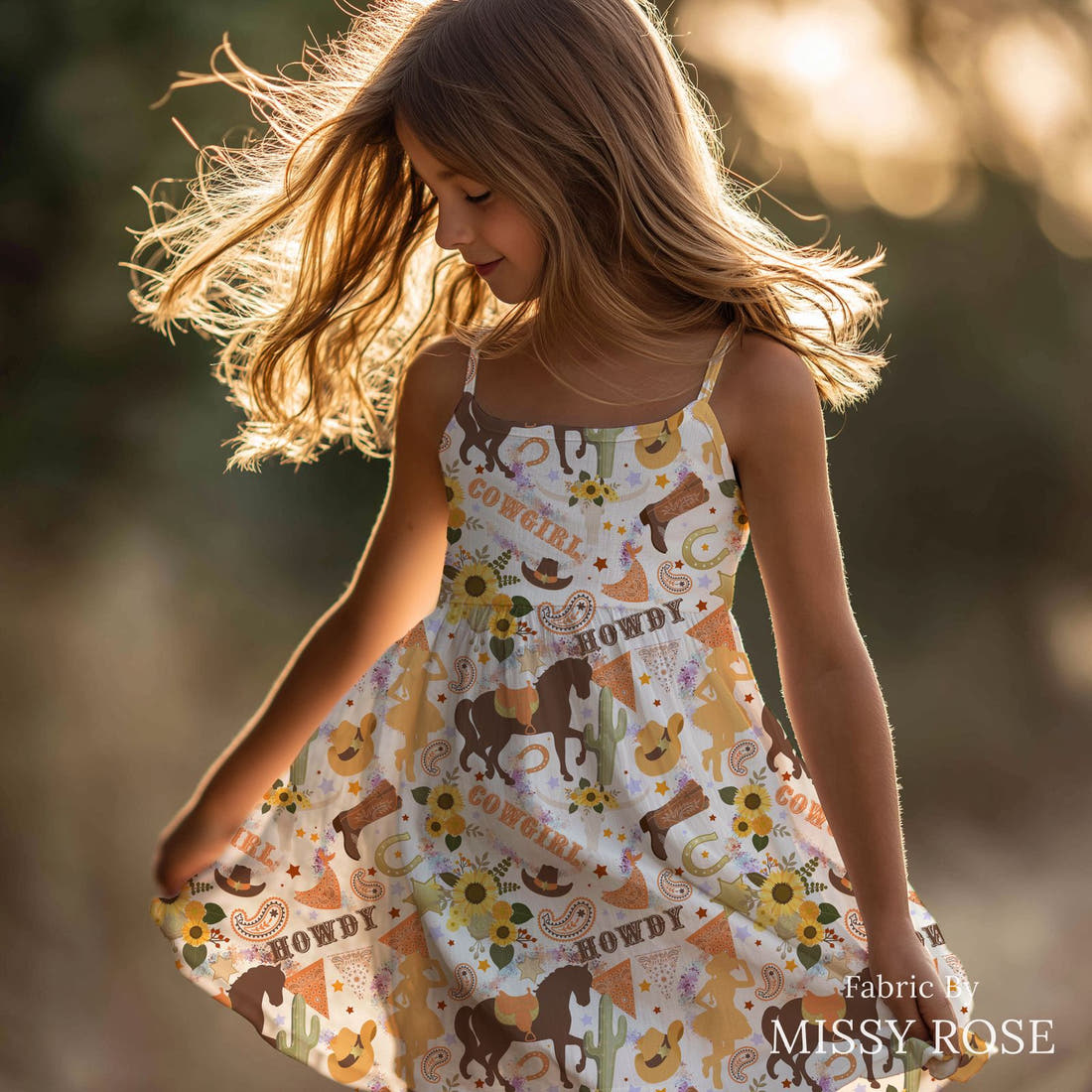 Design 194 White Cowgirl Fabric sewn into a girls' dress – see how the print looks made up | Fabric by Missy Rose