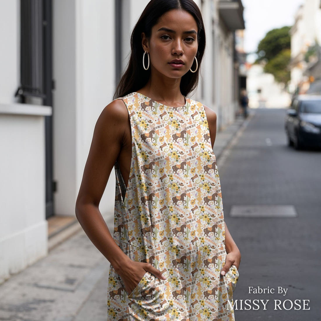 Design 194 White Cowgirl Fabric sewn into a women's jumpsuit – see how the print looks made up | Fabric by Missy Rose