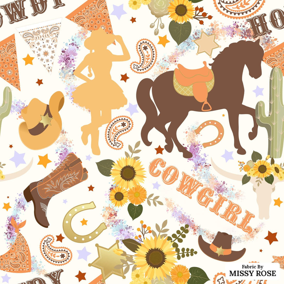 Design 194 White Cowgirl Fabric - flat view of the print, zoom in for detail | Fabric by Missy Rose