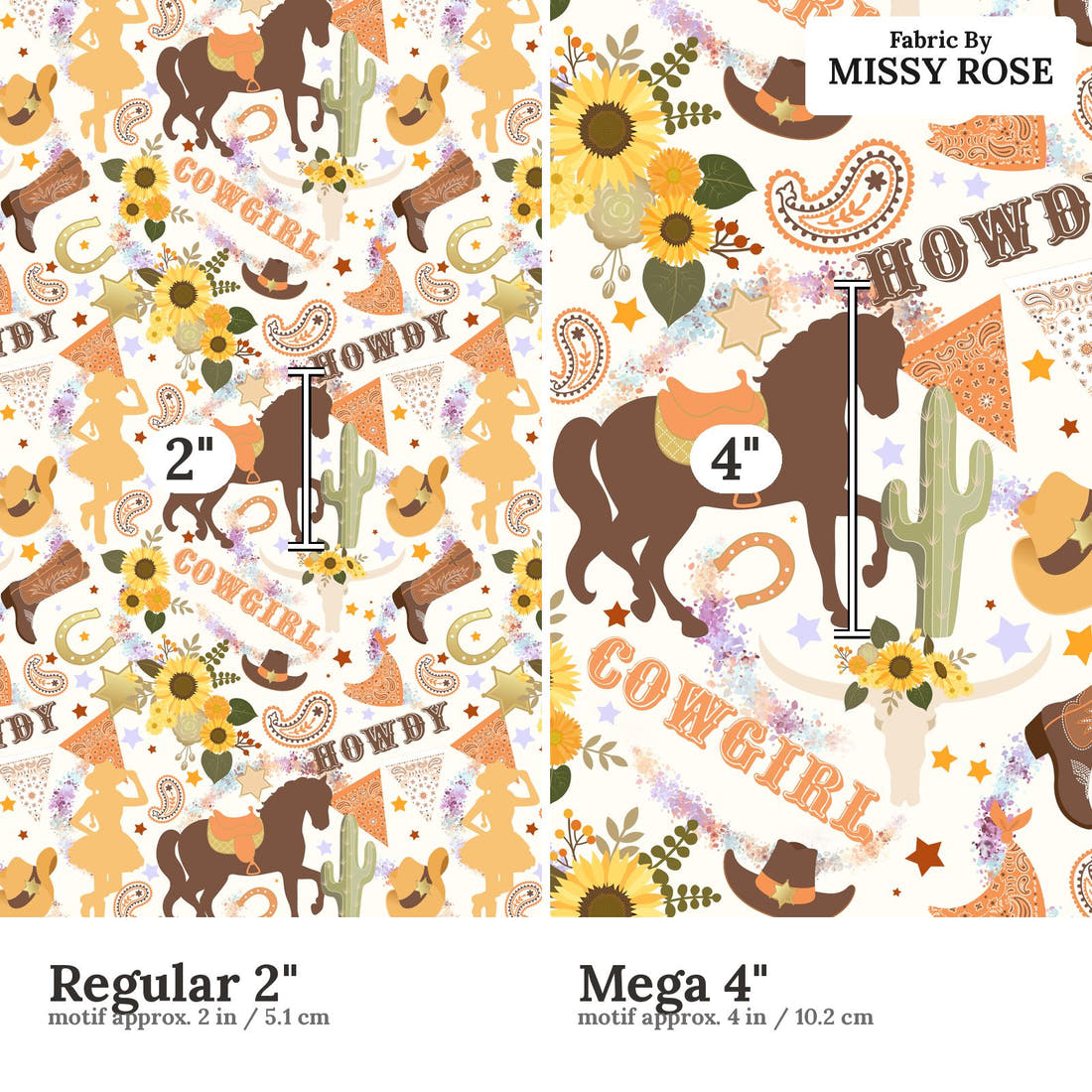 Design 194 White Cowgirl Fabric size comparison - print scale | Fabric by Missy Rose