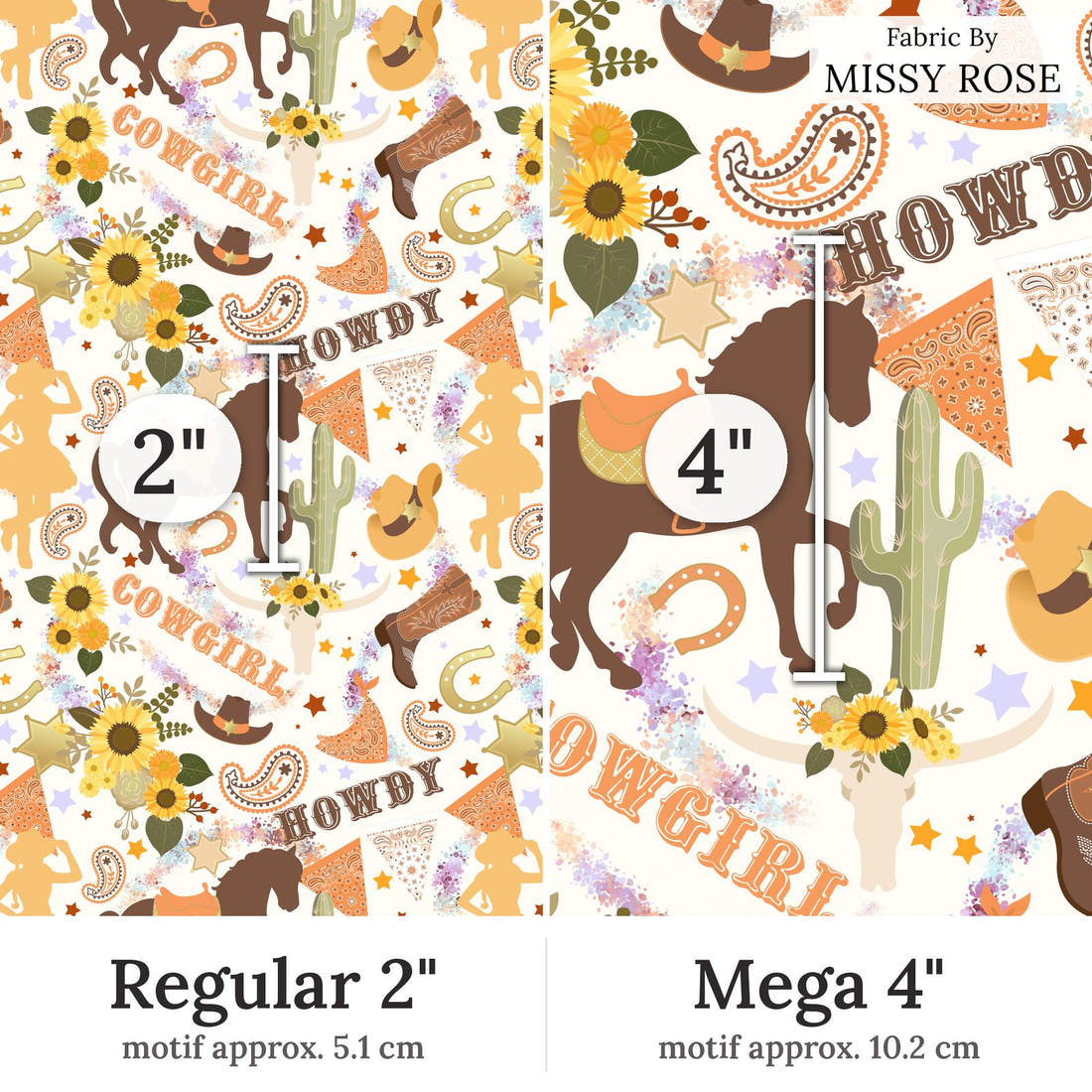 Design 194 White Cowgirl Fabric Regular 2 inch vs Mega 4 inch print scale side by side | Fabric by Missy Rose