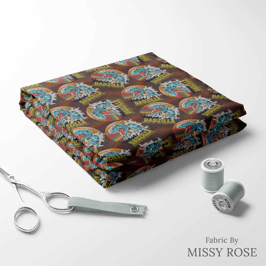 Design 195 Dadzilla Fabric folded fabric stack with matching thread – pre-order fabric Australia | Fabric by Missy Rose