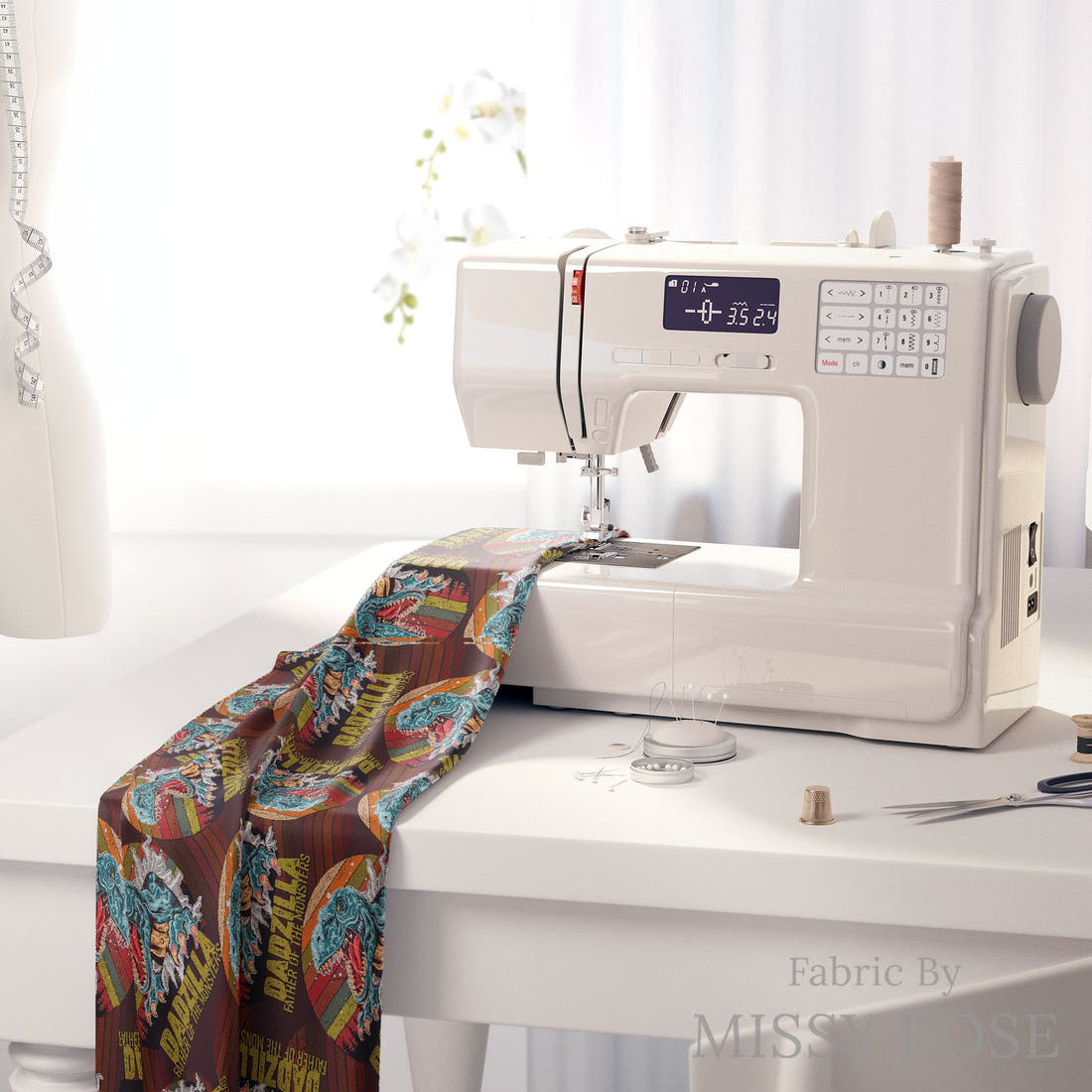 Design 195 Dadzilla Fabric on a sewing machine – premium fabric for sewing projects | Fabric by Missy Rose