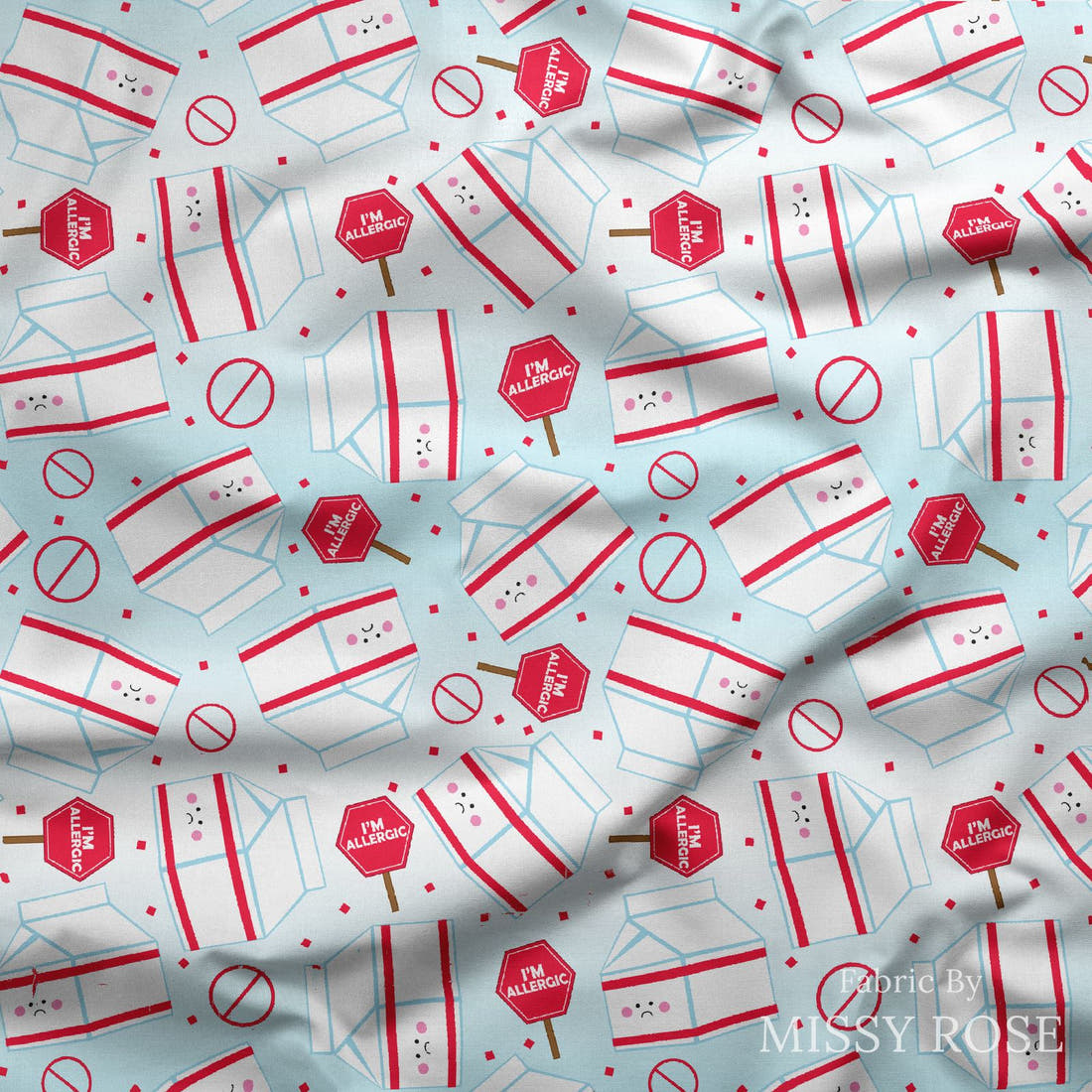 Design 196 Dairy Allergy Fabric draped fabric mockup – custom printed fabric by the metre | Fabric by Missy Rose
