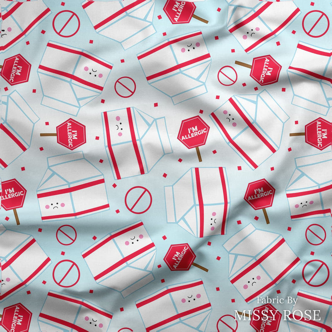 Design 196 Dairy Allergy Fabric draped fabric mockup – custom printed fabric by the metre | Fabric by Missy Rose