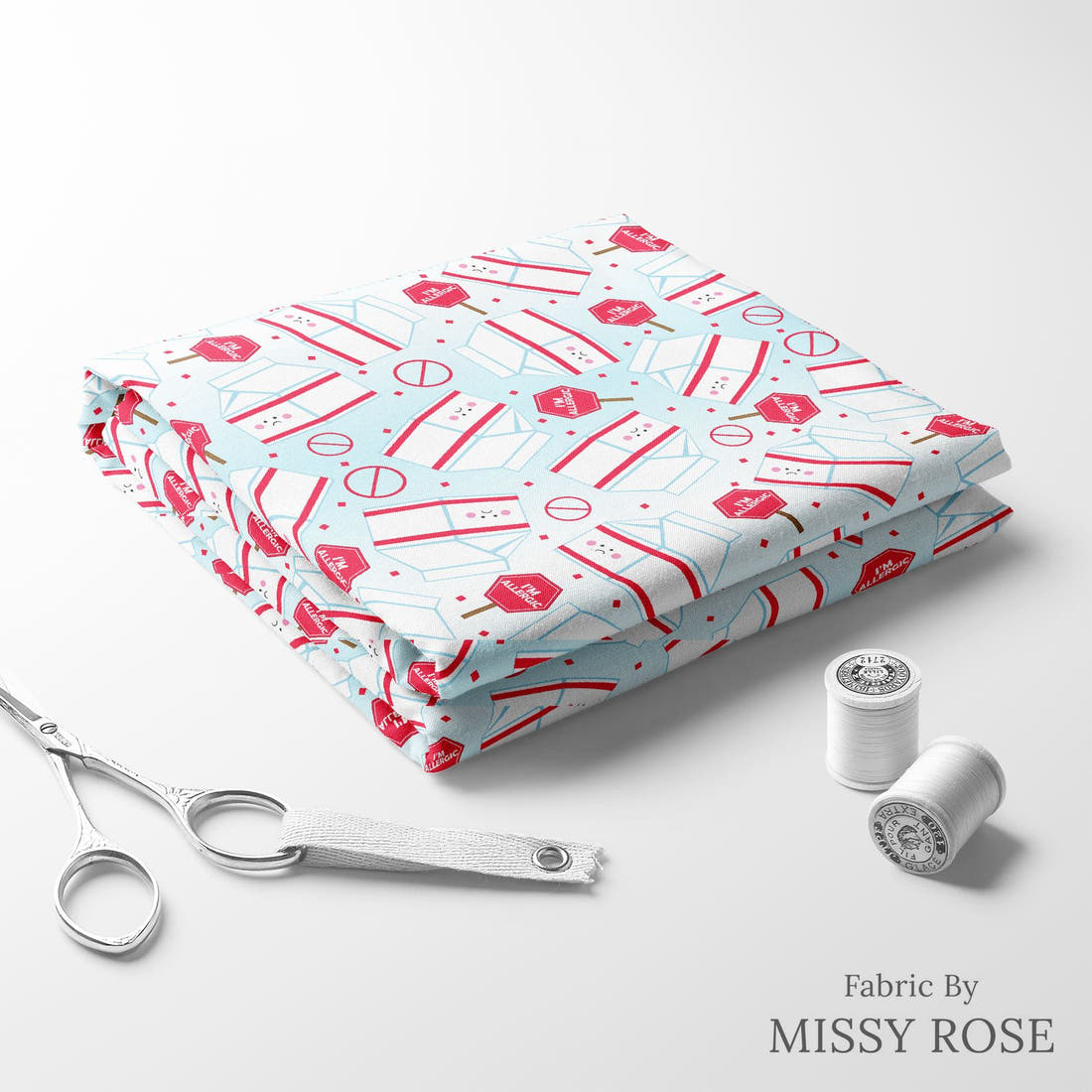 Design 196 Dairy Allergy Fabric folded fabric stack with matching thread – pre-order fabric Australia | Fabric by Missy Rose