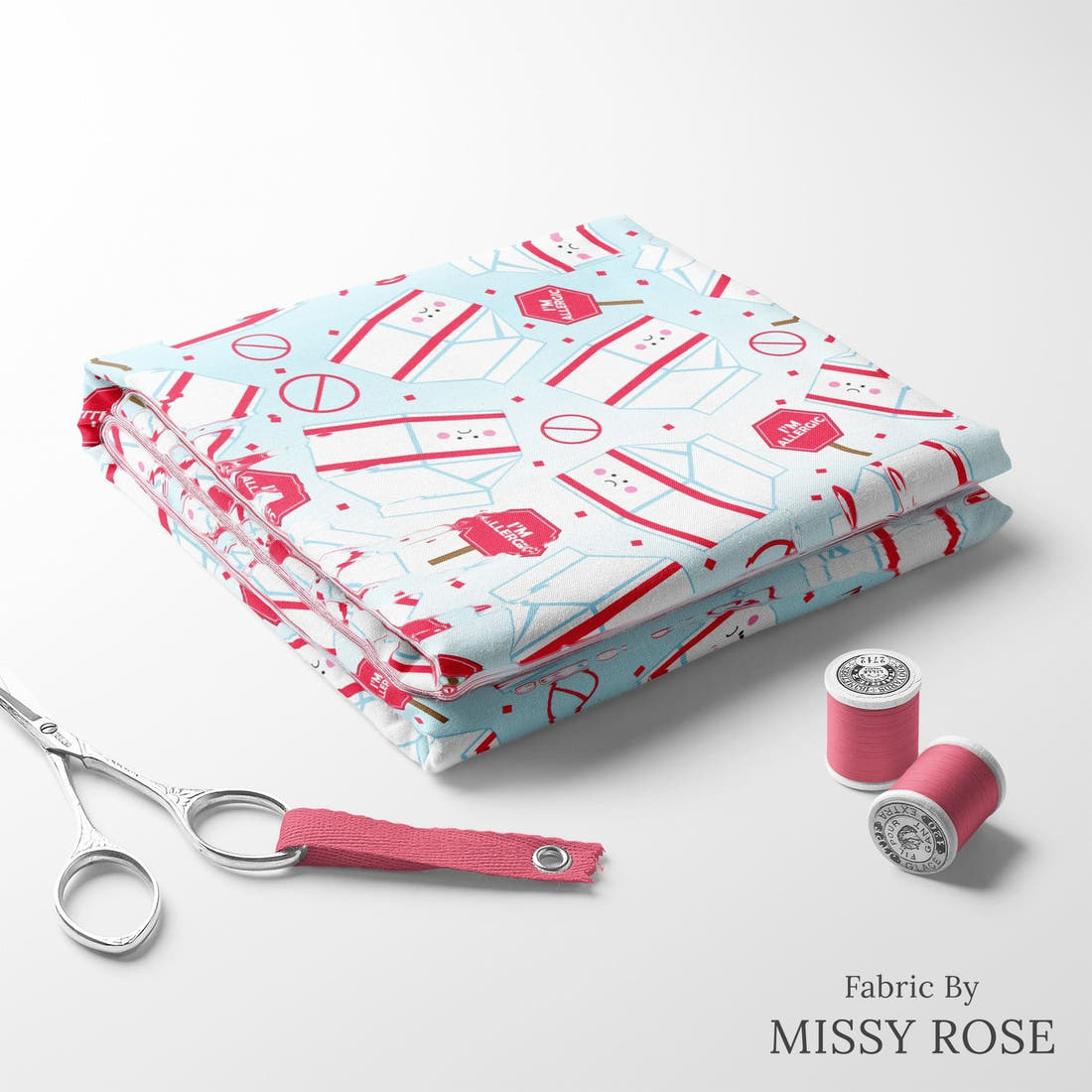 Design 196 Dairy Allergy Fabric folded fabric stack with matching thread – pre-order fabric Australia | Fabric by Missy Rose