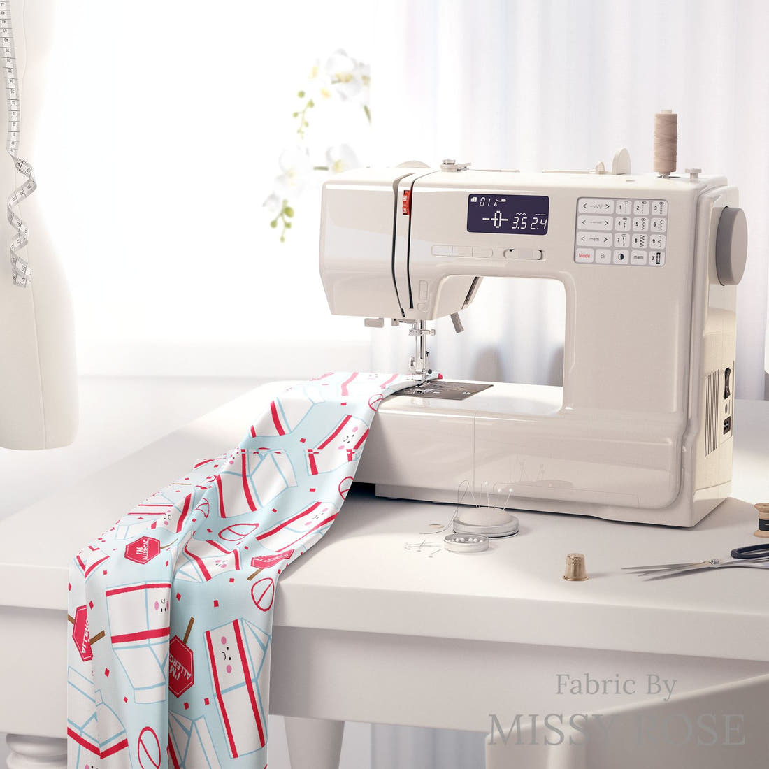 Design 196 Dairy Allergy Fabric on a sewing machine – premium fabric for sewing projects | Fabric by Missy Rose