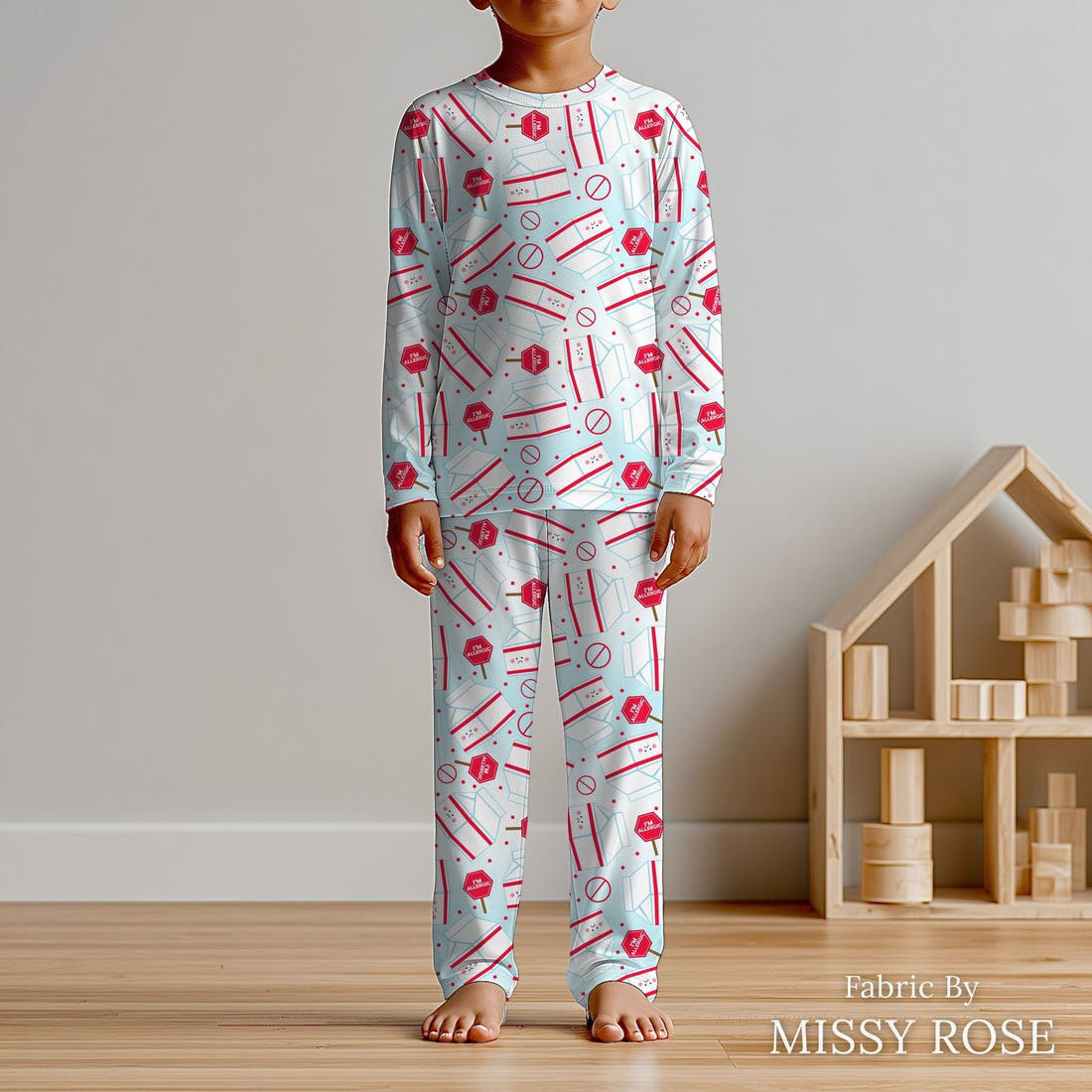 Design 196 Dairy Allergy Fabric sewn into kids' pyjamas – see how the print looks made up | Fabric by Missy Rose