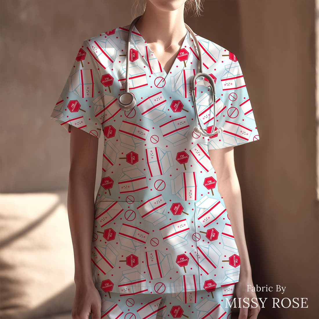 Design 196 Dairy Allergy Fabric sewn into a scrubs top – see how the print looks made up | Fabric by Missy Rose