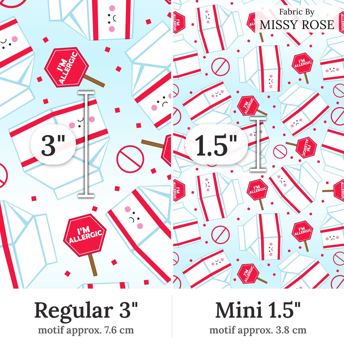 Design 196 Dairy Allergy Fabric Regular 3 inch vs Mini 1.5 inch print scale side by side | Fabric by Missy Rose
