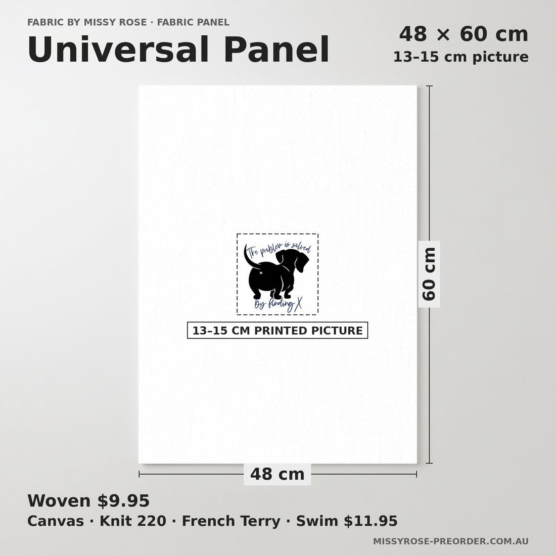 Design 197 Sausage Dog Panel universal panel sizing – 13–15 cm printed picture on 48 × 60 cm fabric | Fabric by Missy Rose
