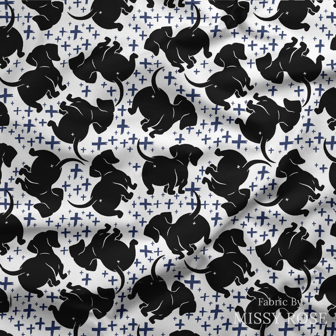 Design 197 Sausage Dog Fabric draped fabric mockup – custom printed fabric by the metre | Fabric by Missy Rose