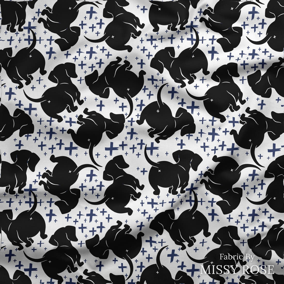 Design 197 Sausage Dog Fabric draped fabric mockup – custom printed fabric by the metre | Fabric by Missy Rose