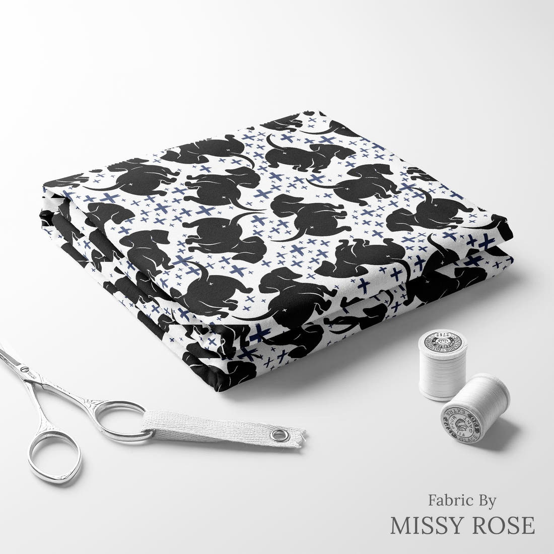 Design 197 Sausage Dog Fabric folded fabric stack with matching thread – pre-order fabric Australia | Fabric by Missy Rose