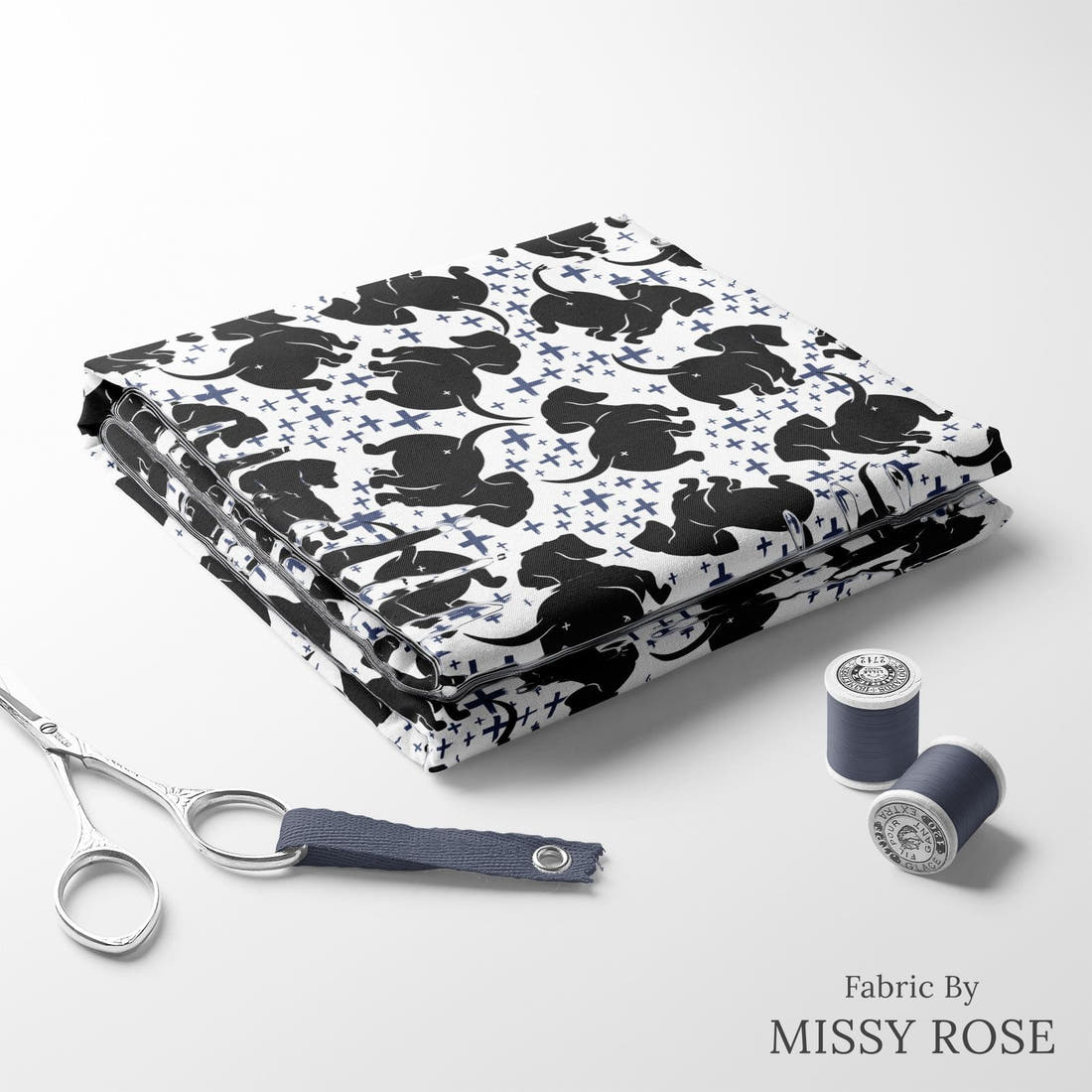 Design 197 Sausage Dog Fabric folded fabric stack with matching thread – pre-order fabric Australia | Fabric by Missy Rose