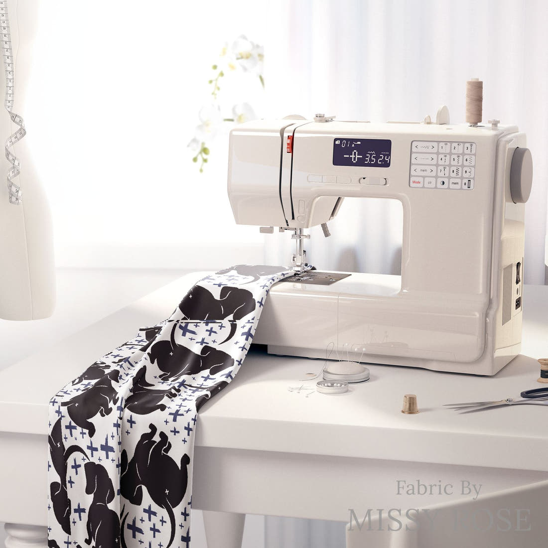 Design 197 Sausage Dog Fabric on a sewing machine – premium fabric for sewing projects | Fabric by Missy Rose