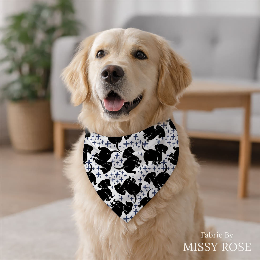 Design 197 Sausage Dog Fabric sewn into a dog bandana – see how the print looks made up | Fabric by Missy Rose