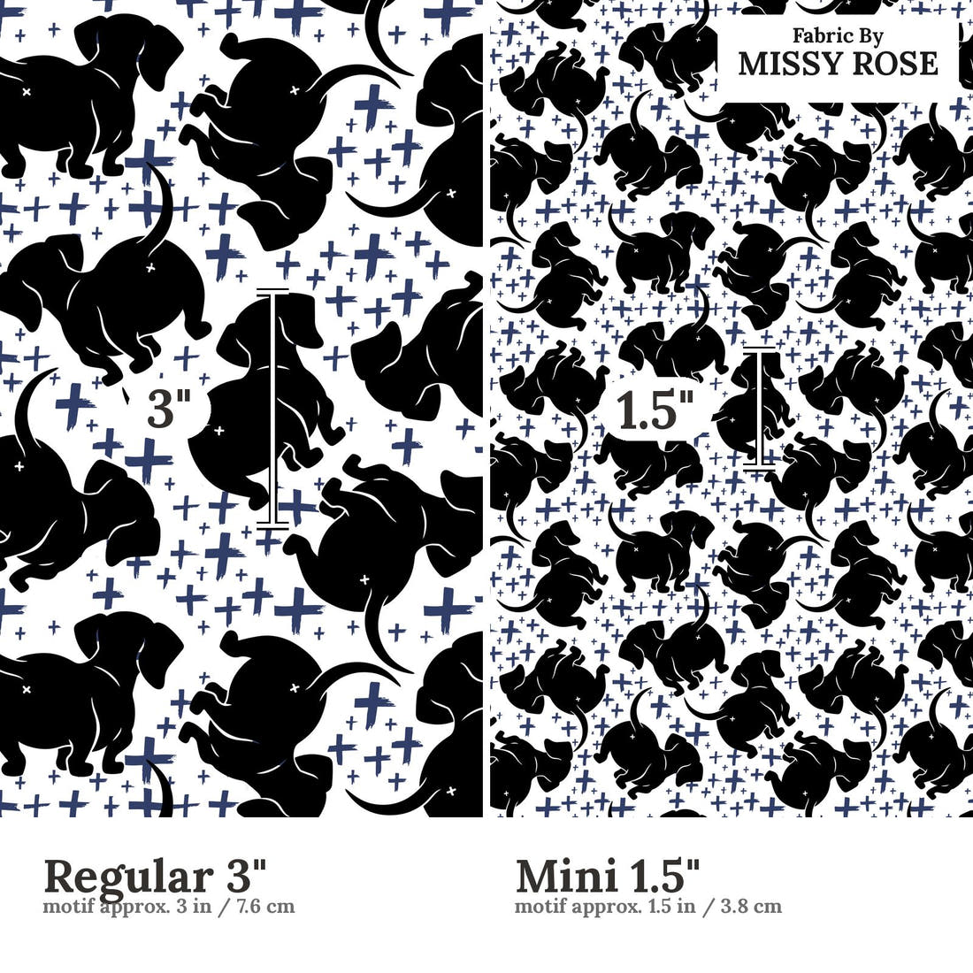 Design 197 Sausage Dog Fabric size comparison - print scale | Fabric by Missy Rose