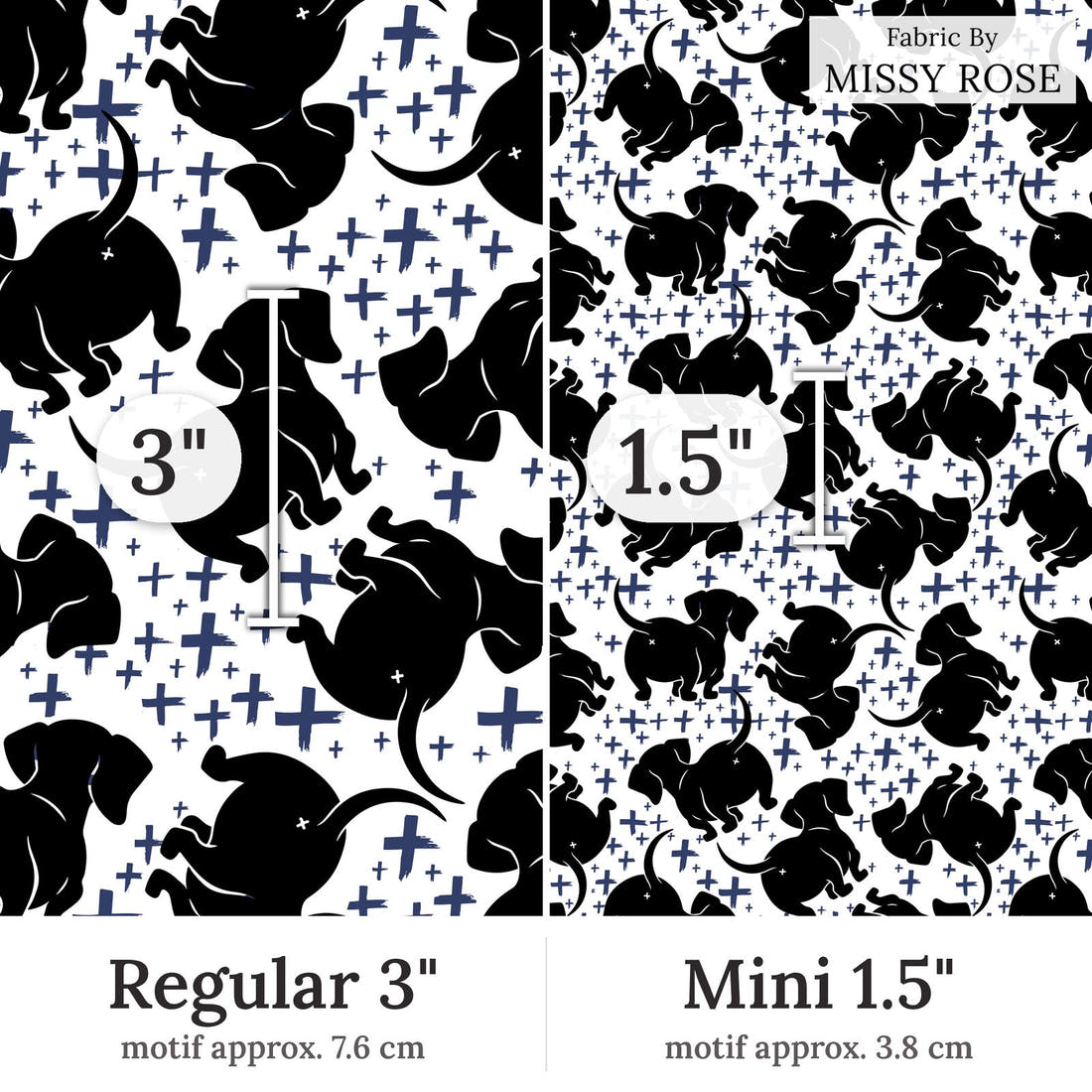 Design 197 Sausage Dog Fabric Regular 3 inch vs Mini 1.5 inch print scale side by side | Fabric by Missy Rose