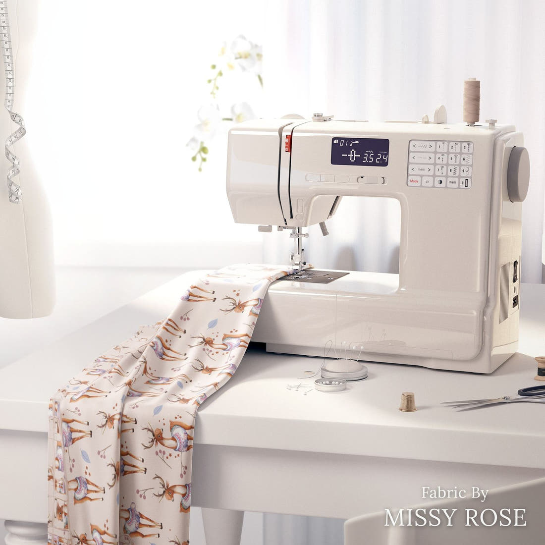 Design 198 Deer Fabric on a sewing machine – premium fabric for sewing projects | Fabric by Missy Rose