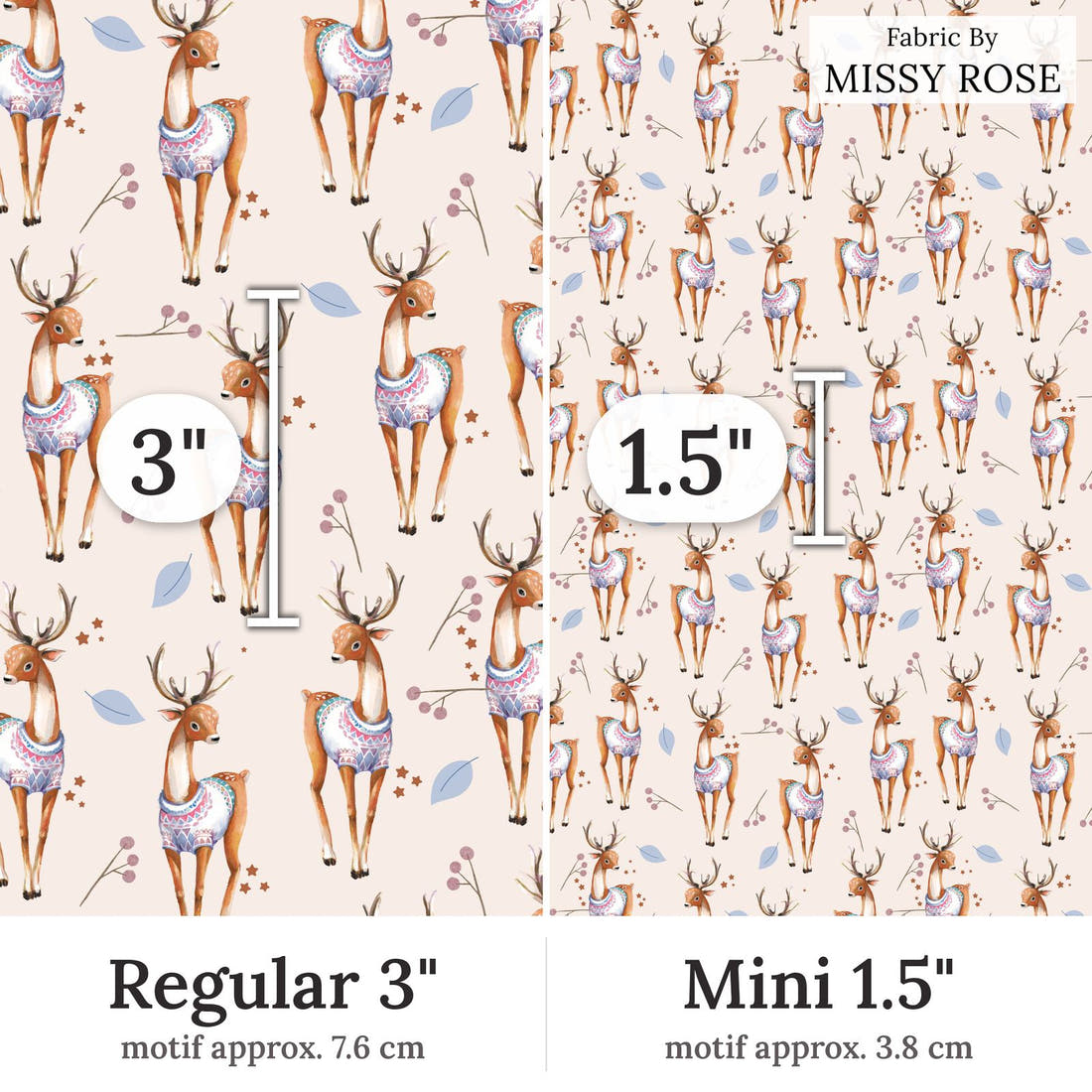 Design 198 Deer Fabric Regular 3 inch vs Mini 1.5 inch print scale side by side | Fabric by Missy Rose
