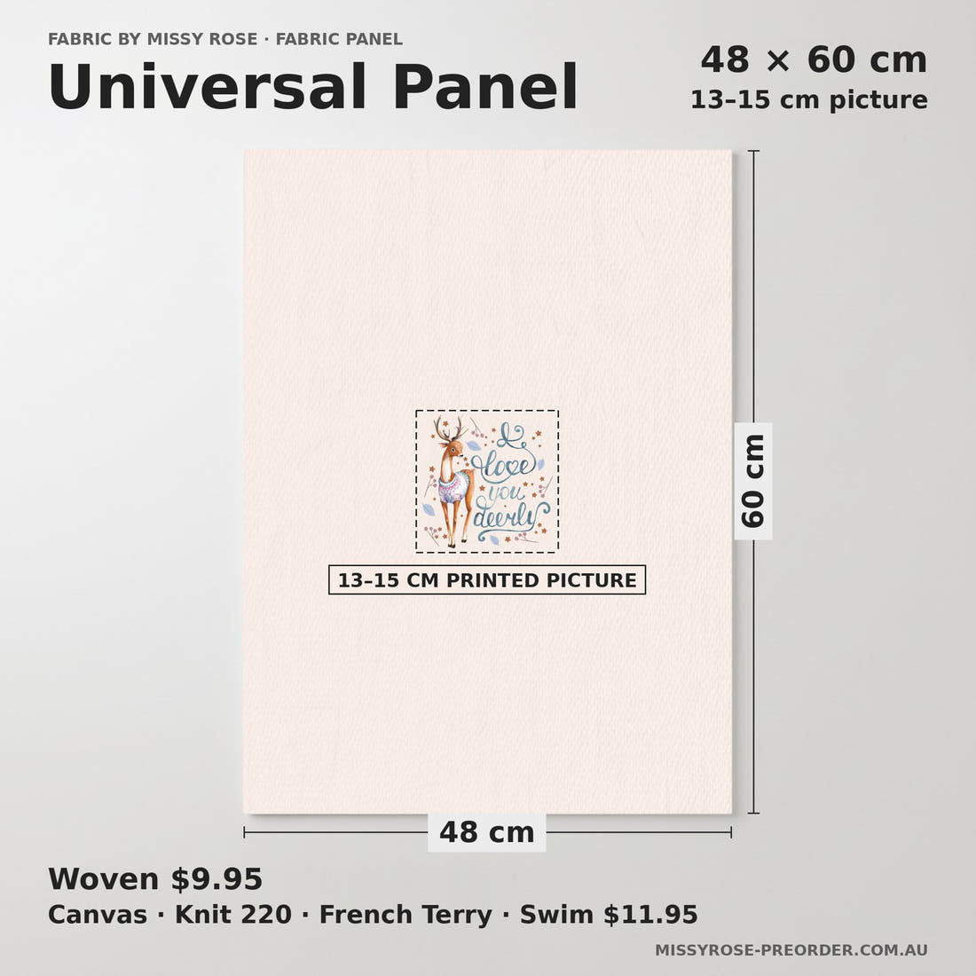 Design 198 Deer Panel universal panel sizing – 13–15 cm printed picture on 48 × 60 cm fabric | Fabric by Missy Rose